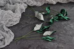 бархатный листик универсальный ~ 5х2,5 см "изумруд/серебро", бархатные листья